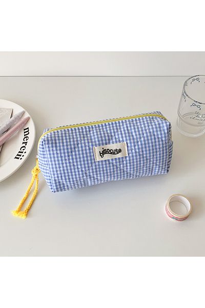 Choice blue INS Style Large Capacity Plaid Cloth Pencil Case Korean Style Cloth Makeup Bag Simple Style Stu
