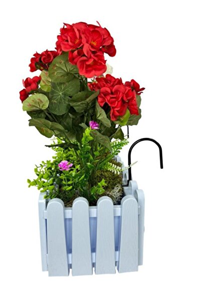 Nettenevime Artificial Flower Geranium Flowers White Fence Potted Balcony Flower with Hanging Handrails Flower Basket
