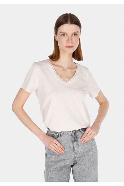 Colin's Tricou cu mânecă scurtă, bej, cu decolteu în V, cu croială normală