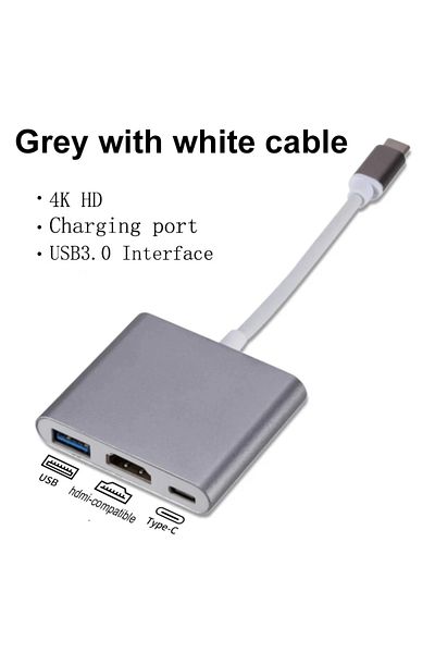 Choice كابل أبيض رمادي 3 في 1 محول USB C إلى HDMI متوافق مع USB 3.1 Hub Type C محول شحن لجهاز S