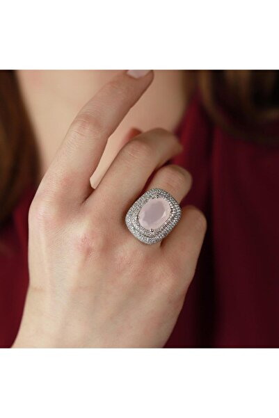 Necati Gün Zirkon Taş Çerçeveli Pembe Kuvars Taşlı Gümüş Yüzük