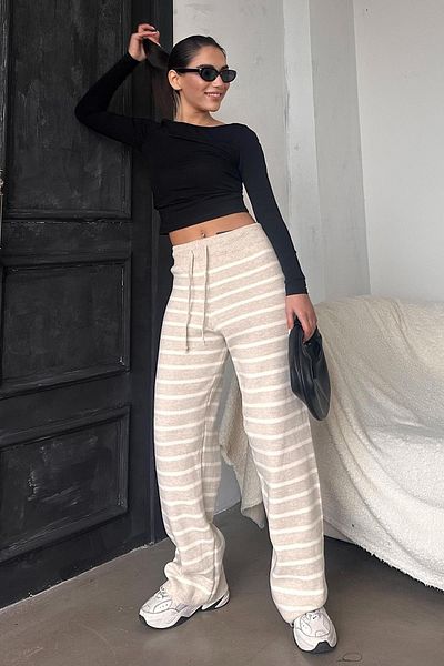 Madmext Beige Striped Women's Knitwear Trousers Mg2342