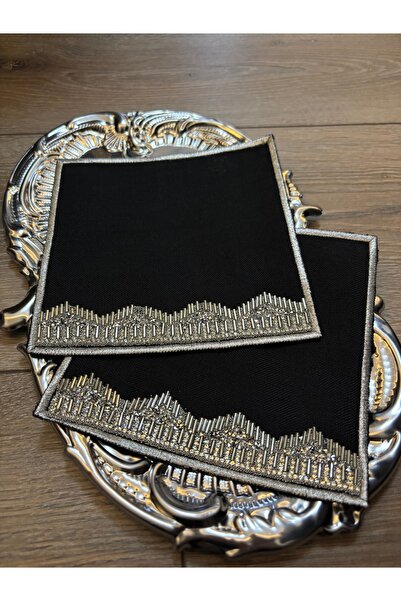 LUXURY Siyah üzeri gümüş şeritli işleme sunum peçetesi 2 adet