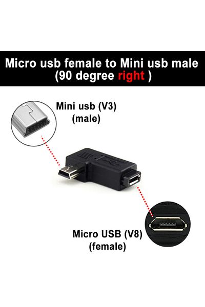 Choice محول USB صغير أنثى إلى USB صغير ذكر من V8 إلى V3 مع 5 سنون لمزامنة البيانات بزاوية 90 درجة