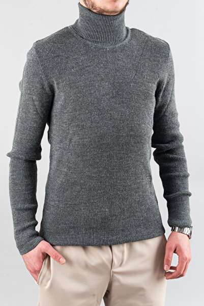 bombe Erkek Slim Fit Balıkçı Yaka Pamuklu Boğazlı Kazak Gri