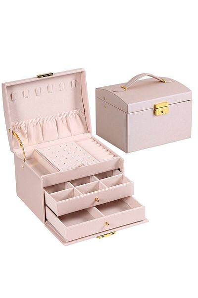 Choice Pink 1pcs Multi-functional 3-layer Leather Drawer Jewelry Box Earrings Lock Storage Box
