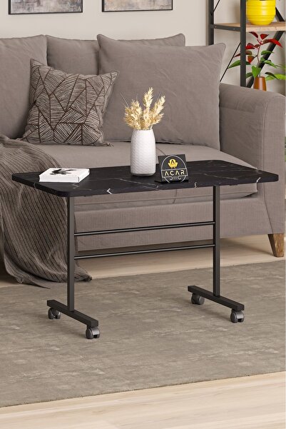 MOBİLAVİN 50x90 cm Siyah Mermer Renk Tekerlekli Sehpa, Orta Sehpa