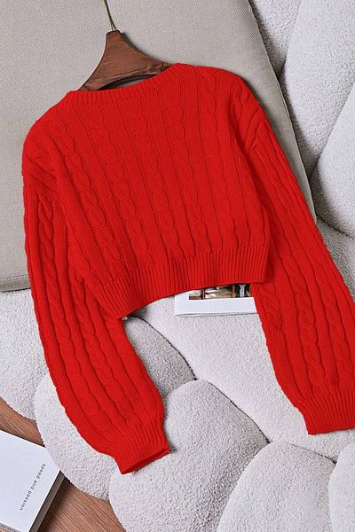 Moibody Balloon Sleeve Hair Braid Patterned Crop Sweater