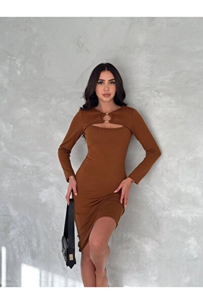 HAZEGO Women's Long Sleeve Ring and Window Low-Cut Detail Deal Product Midi L...