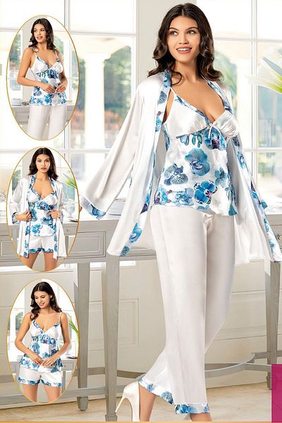 Xses 2155 Set de pijamale din 4 piese cu imprimeu din satin și halat - albastru