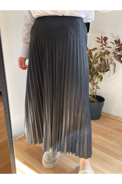 MODA Beli lastikli deri görünümlü pileli Tesettür etek