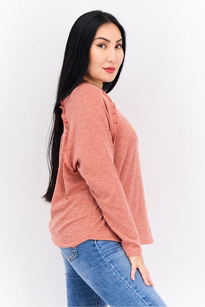 89th + Madison Women Crew Neck Micro Stripe Long Sleeves Sweatshirt, Rusty Red