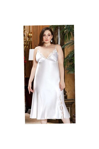 Jeremi 3241 Silk Satin King Size Double Long Nightgown Dressing Gown Set - Cream