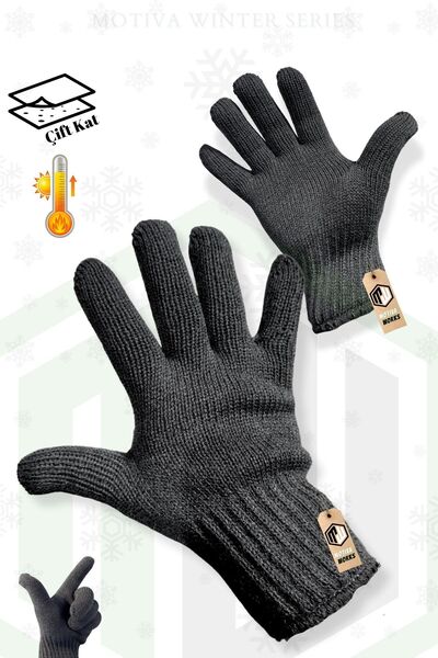 Motiva Sonbahar Kışlık Triko Örgü Siyah Eldiven Çift Katlı