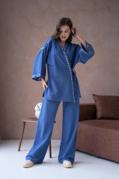 minaaise Комплект кімоно та штанів з льону кольору індиго - з вишивкою та паєтками, жіночий, 29033