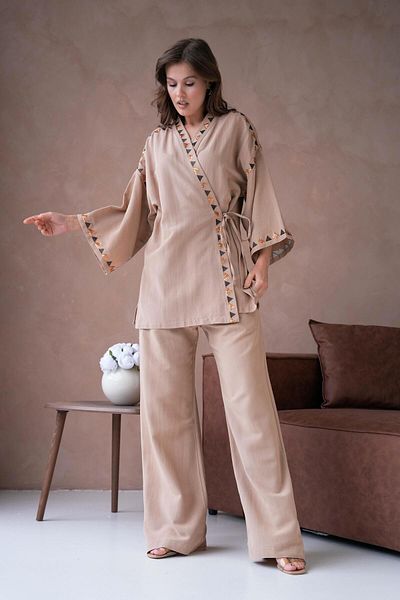minaaise Women's Kimono and Trousers Set with Camel Linen Embroidery and Sequin Detail - 29033