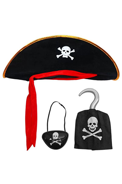 ReilaParty Captain Jack Sparrow Velvet Hat - Hook - Eye Mask 3-Piece Pirate Costume Set Children's Size Rp2437