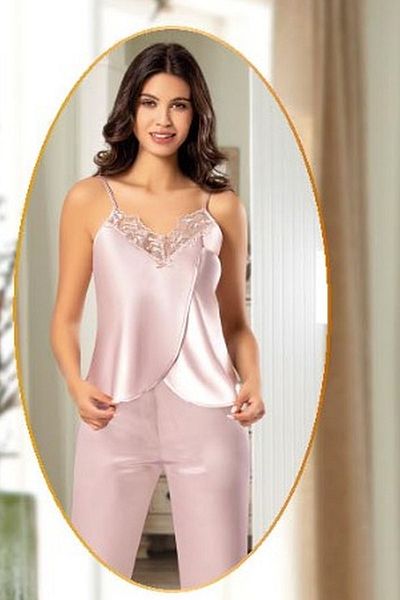 Xses 2165 Set de pijamale din 4 piese cu imprimeu din satin pentru femei cu halat - pudra