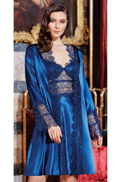 Jeremi 2962 Dowry Silk Satin Lace Double Long Nightgown Dressing Gown Set - Navy Blue