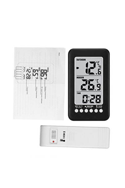Choice مقياس حرارة منزلي أسود بشاشة LCD ℃/℉ رقمي لاسلكي داخلي/خارجي مع ساعة ل...
