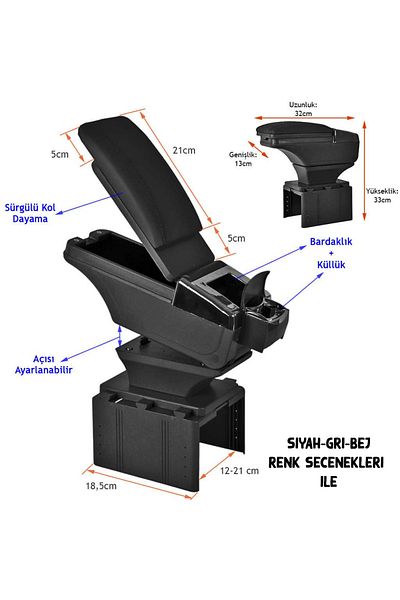 Universal Sliding Armrest Armrest with Cup Holder and Ashtray Black