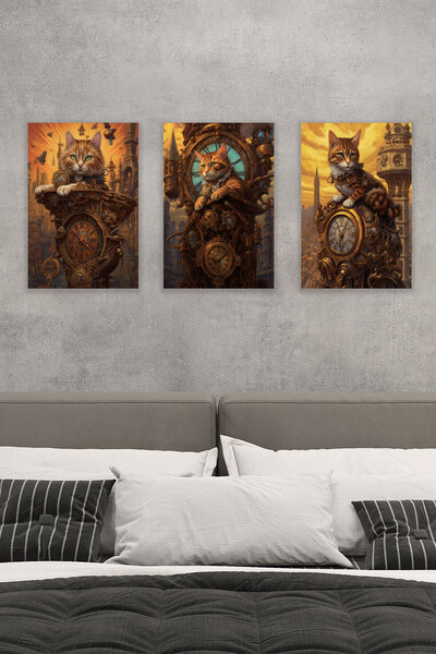 qoeuyl boutique Steampunk Retro Cute Cats Trio No:4 18x27 MDF Ξύλινη αφίσα ζω...