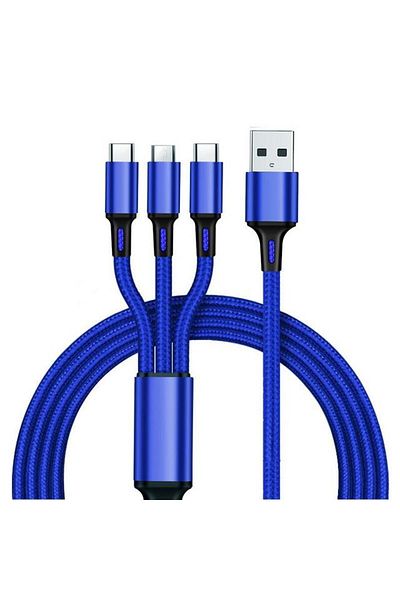 Choice 1.2m Blue 2.4A Braided One Drag Three USB-A For Apple Android Type-c/USB-C Fast Charging Cable 1.2m