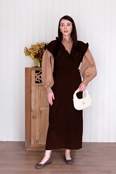 Ceylan Otantik Bitter Brown Ruffle Collar Gilet