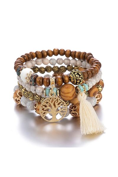 Choice 3 4Pcs/Set Boho Wooden Beaded Bracelet Set For Women Tree Of Life White Tassels Charm Elastic Chain.