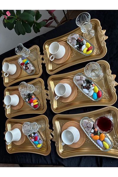 DİBA AVM 6-Person Luxury 30-Piece Single Presentation Tray Cup Set Coffee Side Water Glass Turkish Delight Bowl Presentation Set