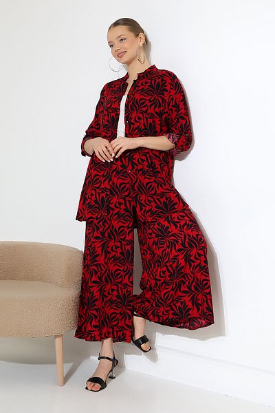 Denismoda Women's Prevailing Collar Patterned Waist Elastic Wide Leg Bottom Top Suit