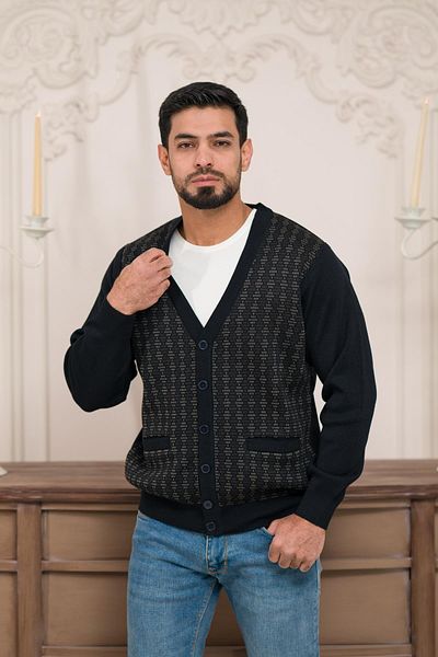 Woolen World Regular Fit V-Neck Patterned Knitwear Cardigan with Front Pocket