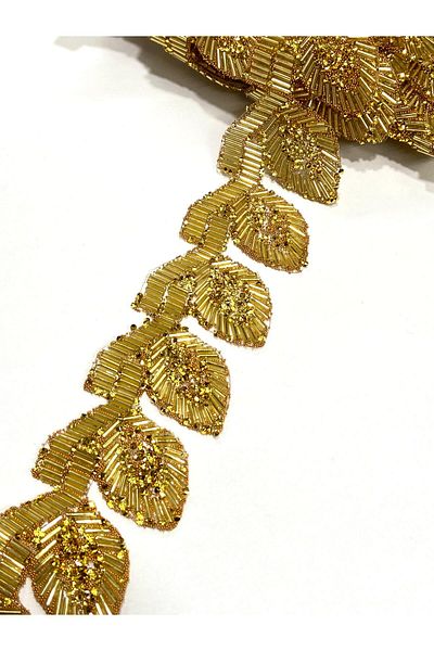 karantuhafiye Iron-On Leaf Model Ribbon / Beaded Ribbon / 1 Meter Gold / H1