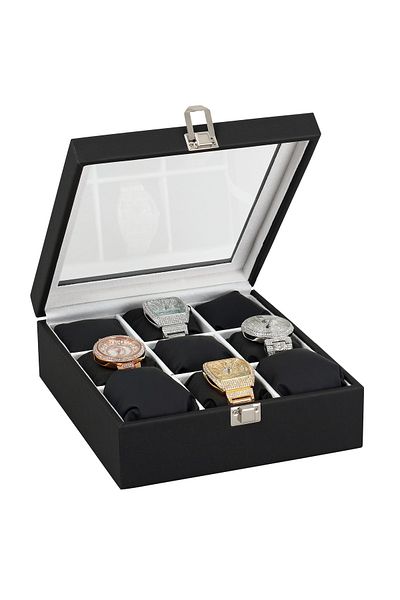 Chavin 9 Piece Black Leather Glass Covered Watch Box St9-22 on Wood