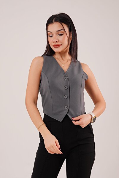 Hipo Trend سترة محبوكة من أنثراسايت بأزرار وياقة على شكل حرف V