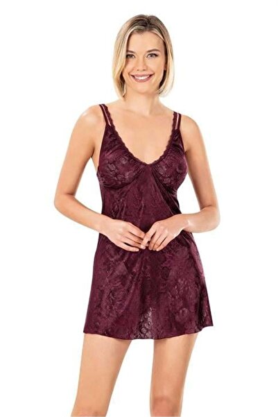 Marsilyan Ieg Lace Embroidered Burgundy Jacquard Nightgown Ilkel-Mdgym457