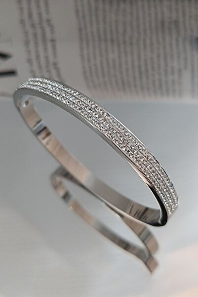 Chavin 6 mm Gray Steel Stone Women's Handcuff Bracelet Eu18By