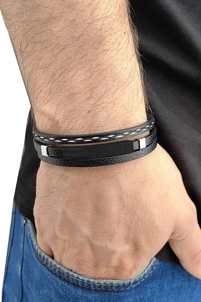 Chavin Black Steel And Leather Men's Bracelet Es32sy