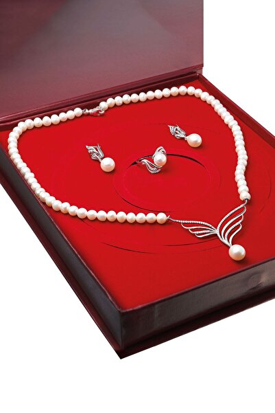 Chavin İnci Gümüş Kolye Küpe Yüzük Takım Set ds34