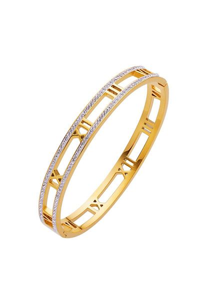Chavin Gold Steel Stone Roman Numeral Handcuff Bracelet Eu15Sr
