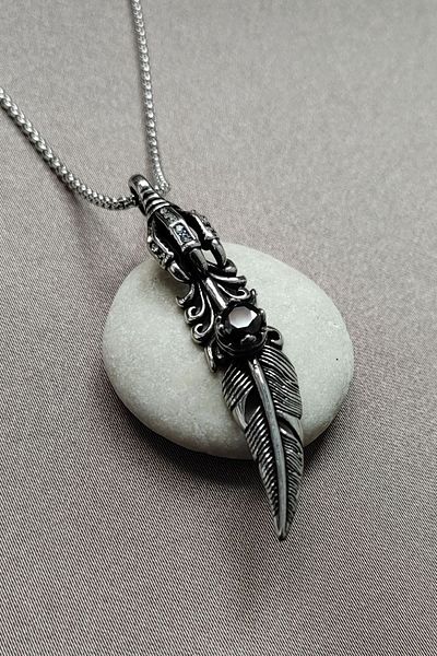 Chavin Steel Men's Necklace - Long Chain, Feather Eagle Claw, Dm53