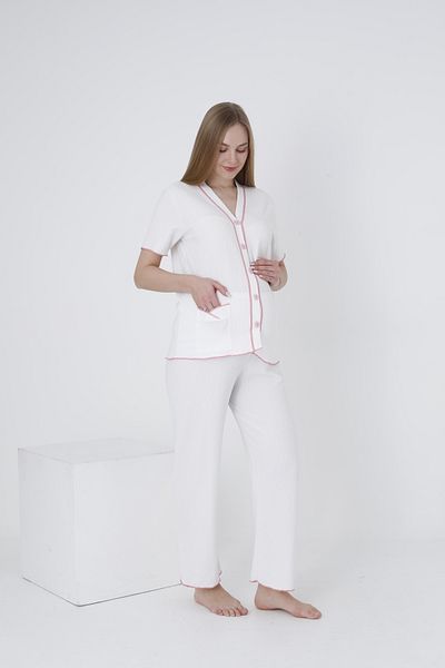 Miss Dünya Lissa Short Sleeve Maternity and Maternity Sleepwear Set with Buttoned Front Sleeves and Ruffle Detail
