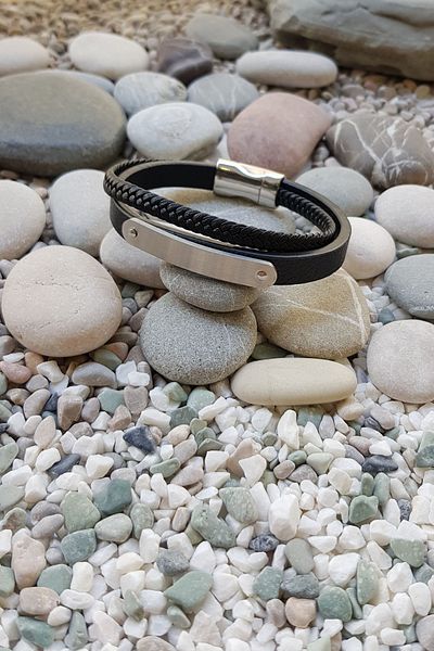 Chavin Black Leather Spiral Gray Steel Men's Bracelet Ec70By
