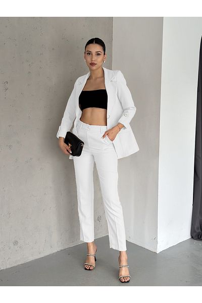 diaves White Folded Sleeve Detail Blazer Jacket and Carrot Cut Pants Woven Fabric Suit
