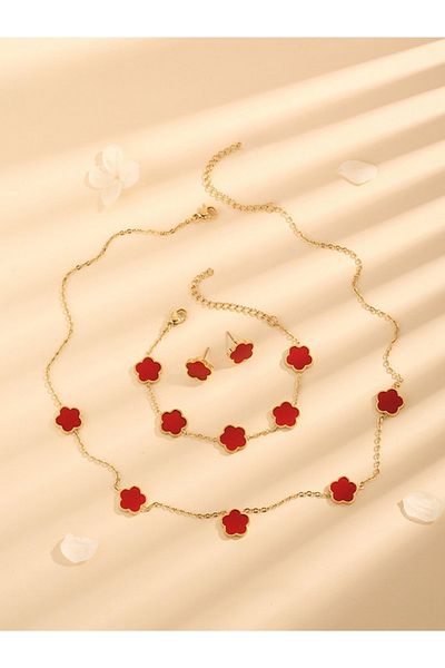 Choice Rd Lucky Five-petal Flower Five-leaf Clover Bracelet Earrings Necklace Three-piece Set For Woman Sty