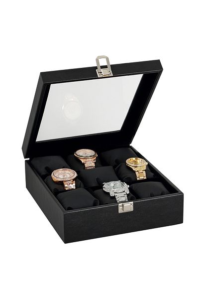 Chavin 9 Piece Wooden Black Leather Glass Covered Watch Box St9-18