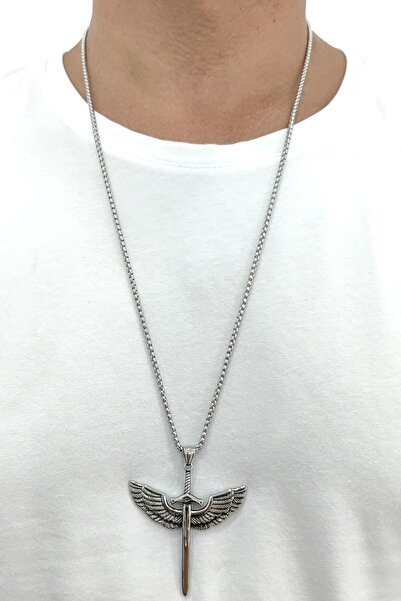 Chavin Big Size Long Chain Sword Angel Wing Steel Necklace Eb90