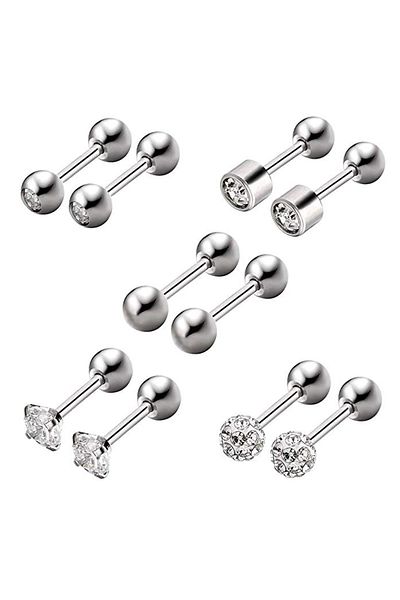 Chavin Grey Steel 5 Sets Men's Earrings Piercing with Stones Eb61By