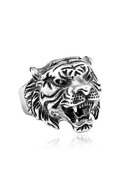 Chavin Men's Ring Et43 - Gray Tiger Head Steel
