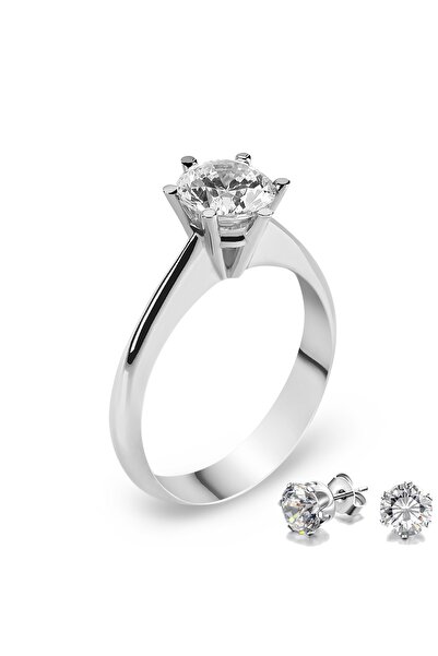 Chavin 1.25 Carat Zirkon Tektaş Gümüş Kadın Yüzük ve Küpe dh11